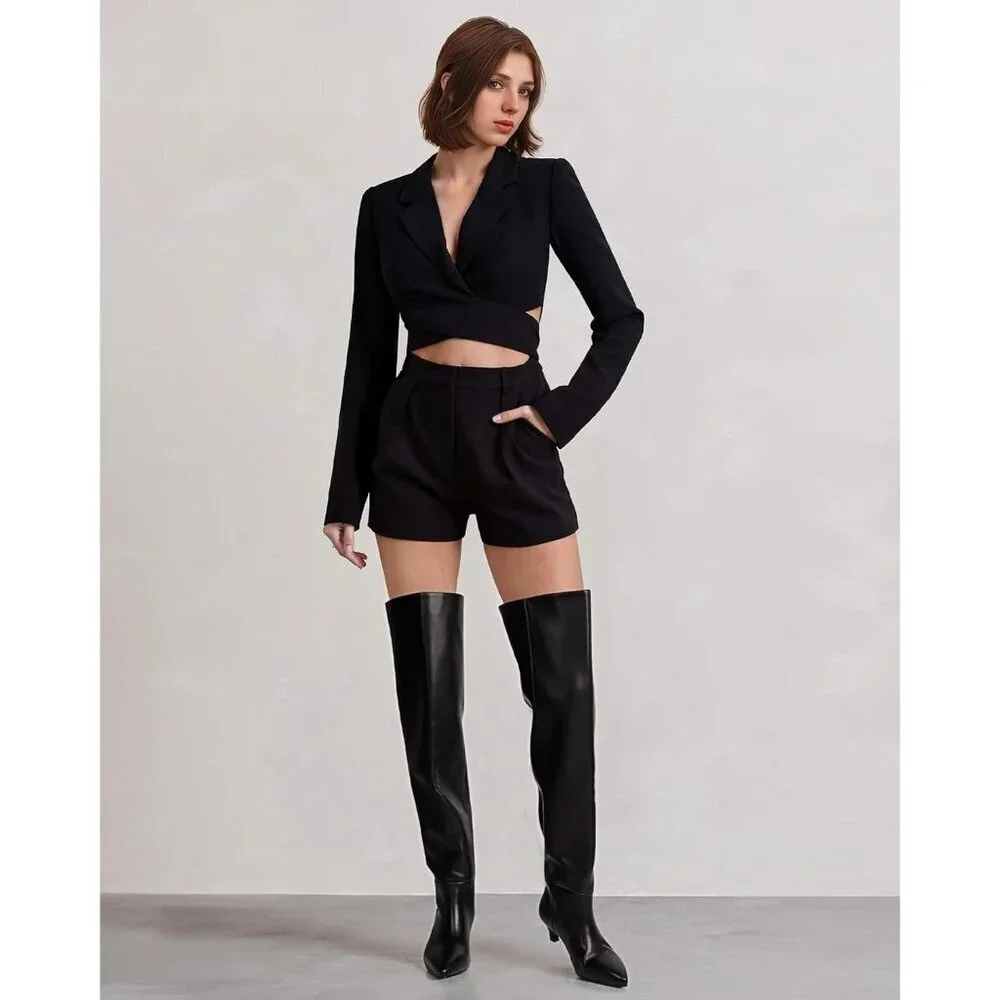 🆕Women Black-wide Calf Polyurethane Over the Knee Pointed Toe Block Heel Boot